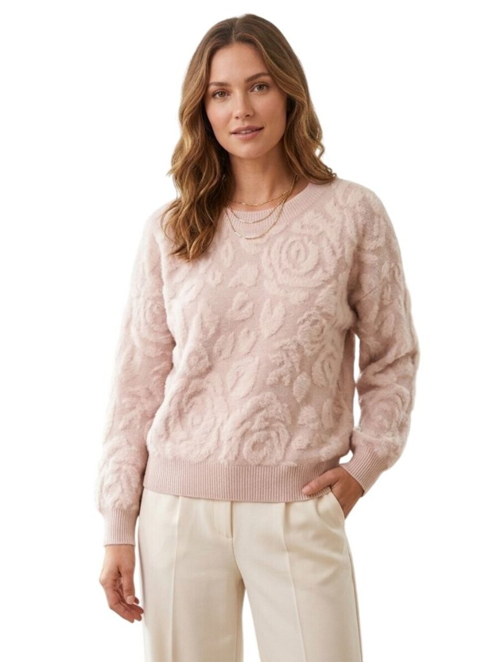 Rio & Rian Blush 3d Rose Jacquard Knit Crewneck Sweater Slight Shimmer Size XL